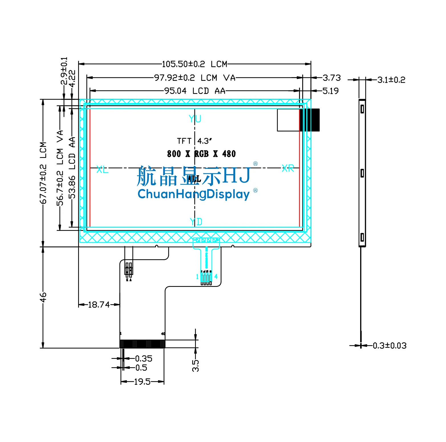 4.3" TFT resistance touch screen